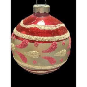 Vtg Red Shiny Brite Hand Painted w Pink White Glitter Glass Christmas Ornament
